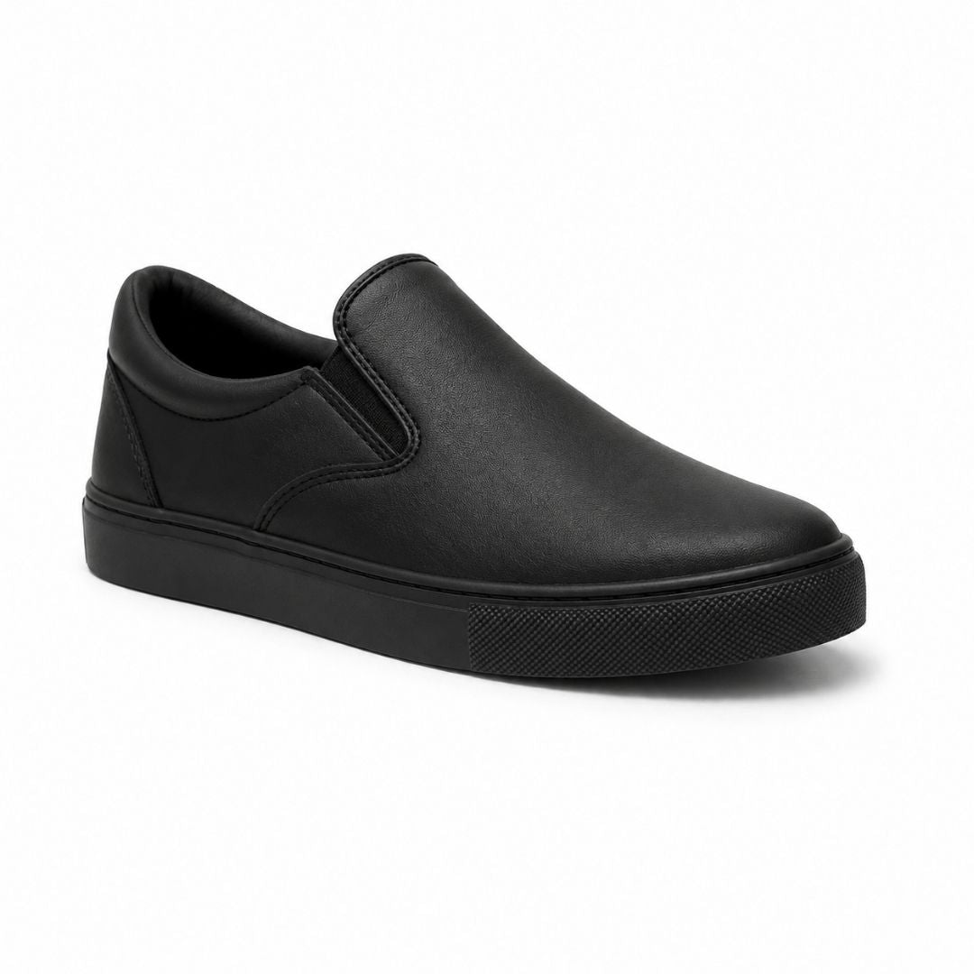 Silver and black sandal with a buckle on a white background