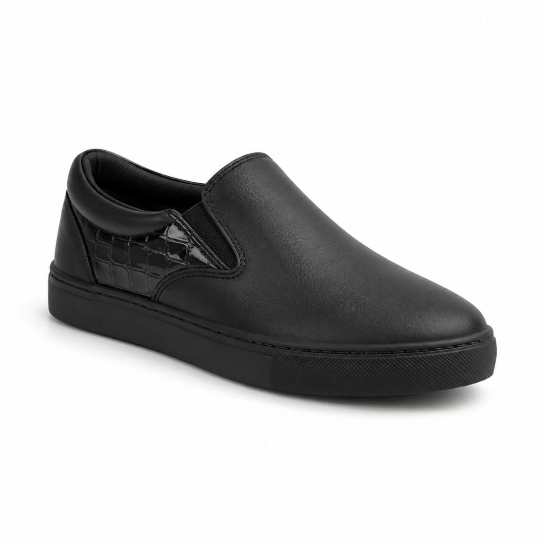 Black leather dress shoe on a white background