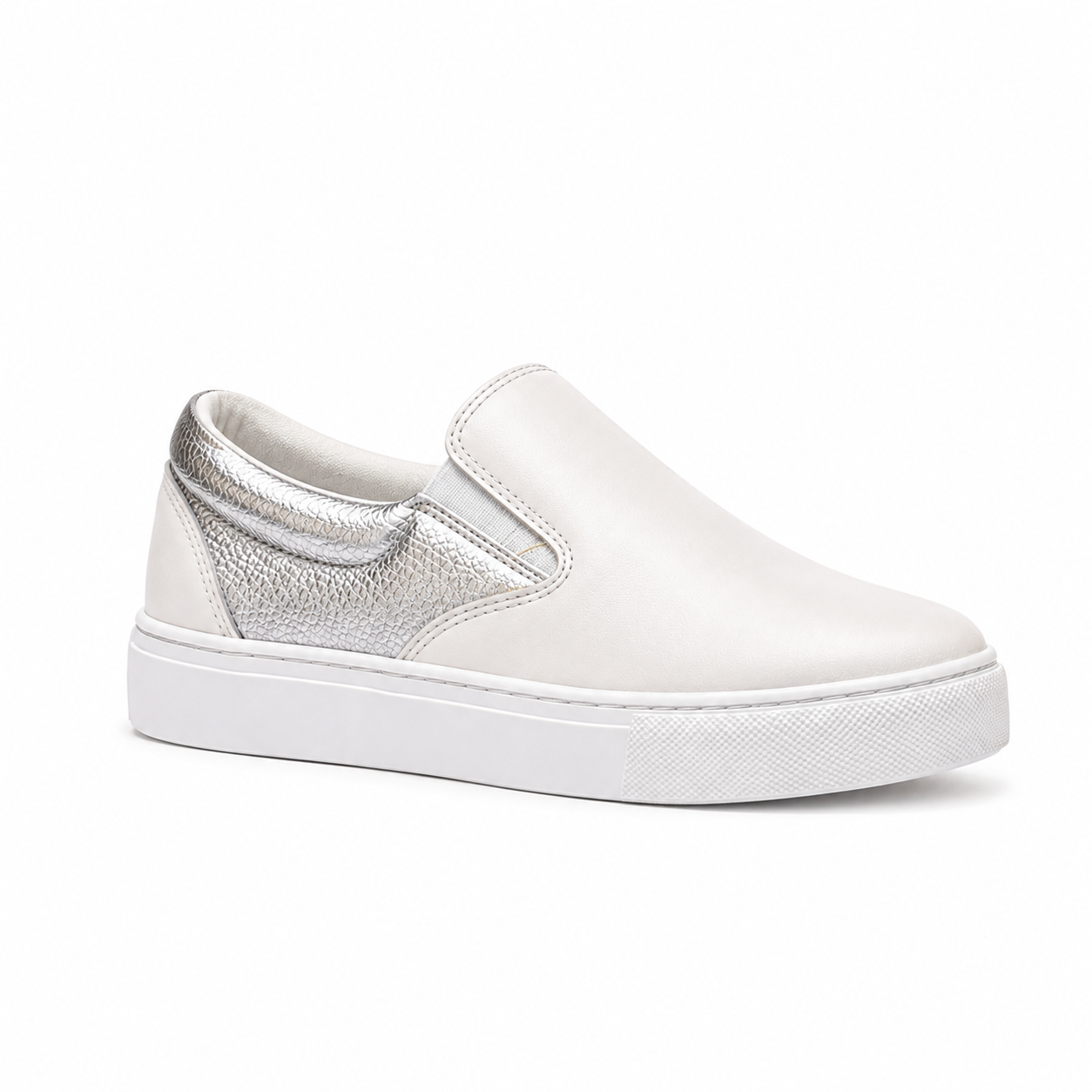 A white slip-on sneaker with a textured metallic silver heel panel, shown from a side profile on a clean white background.