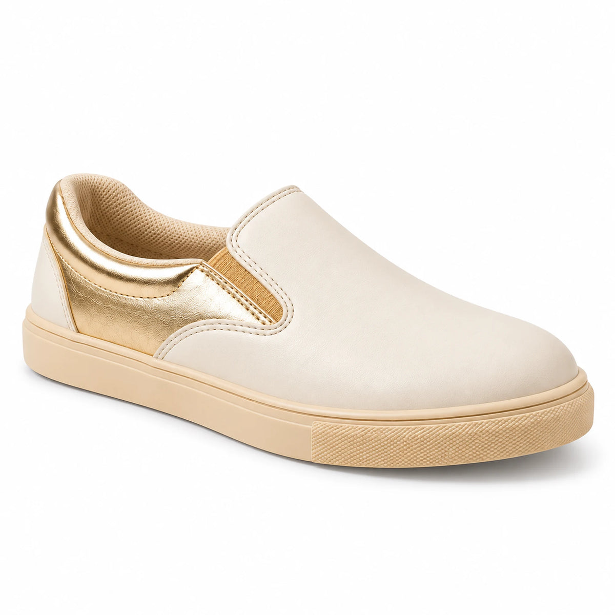 A slip-on casual sneaker in off-white and metallic gold, shown from a side profile view on a clean white background.