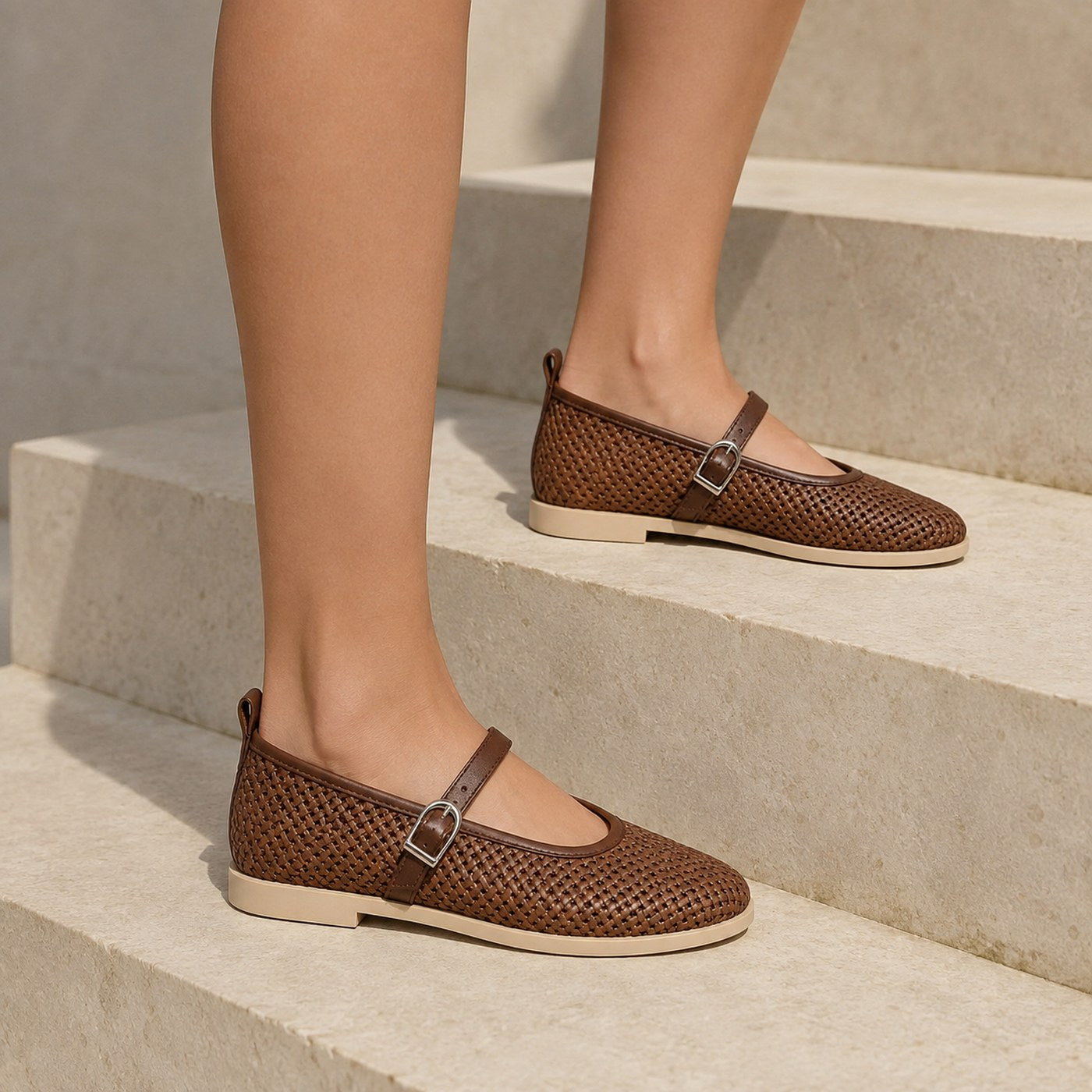 Women’s Woven Mary Jane Flats – Buckle Strap Casual Shoes