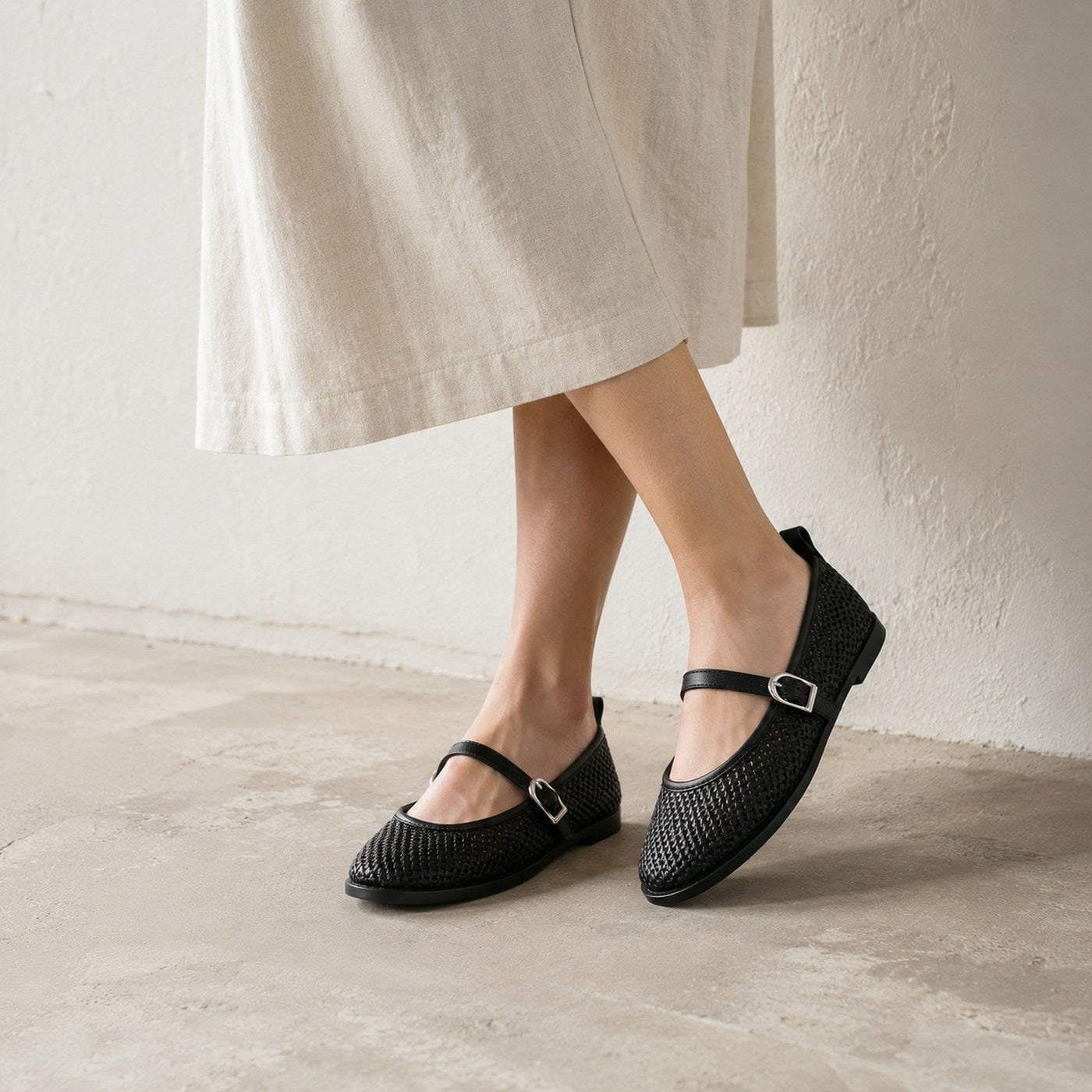 Women’s Woven Mary Jane Flats – Buckle Strap Casual Shoes