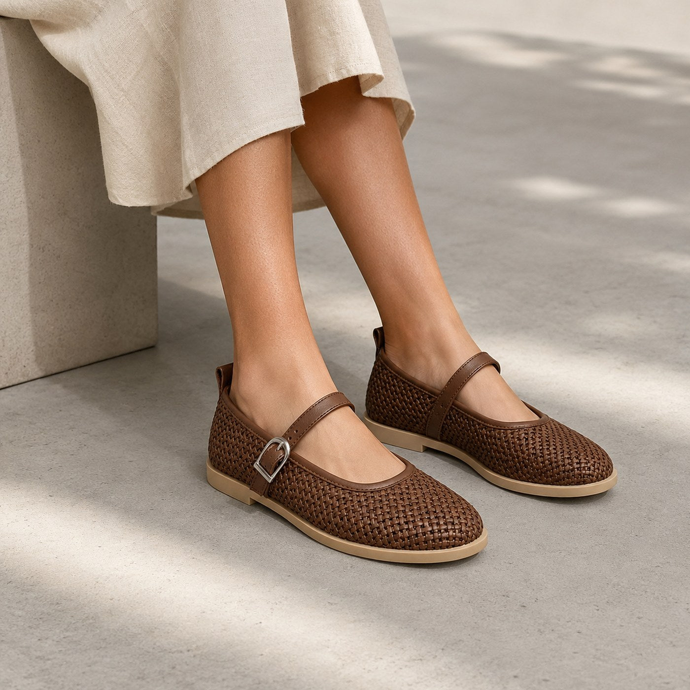 Women’s Woven Mary Jane Flats – Buckle Strap Casual Shoes