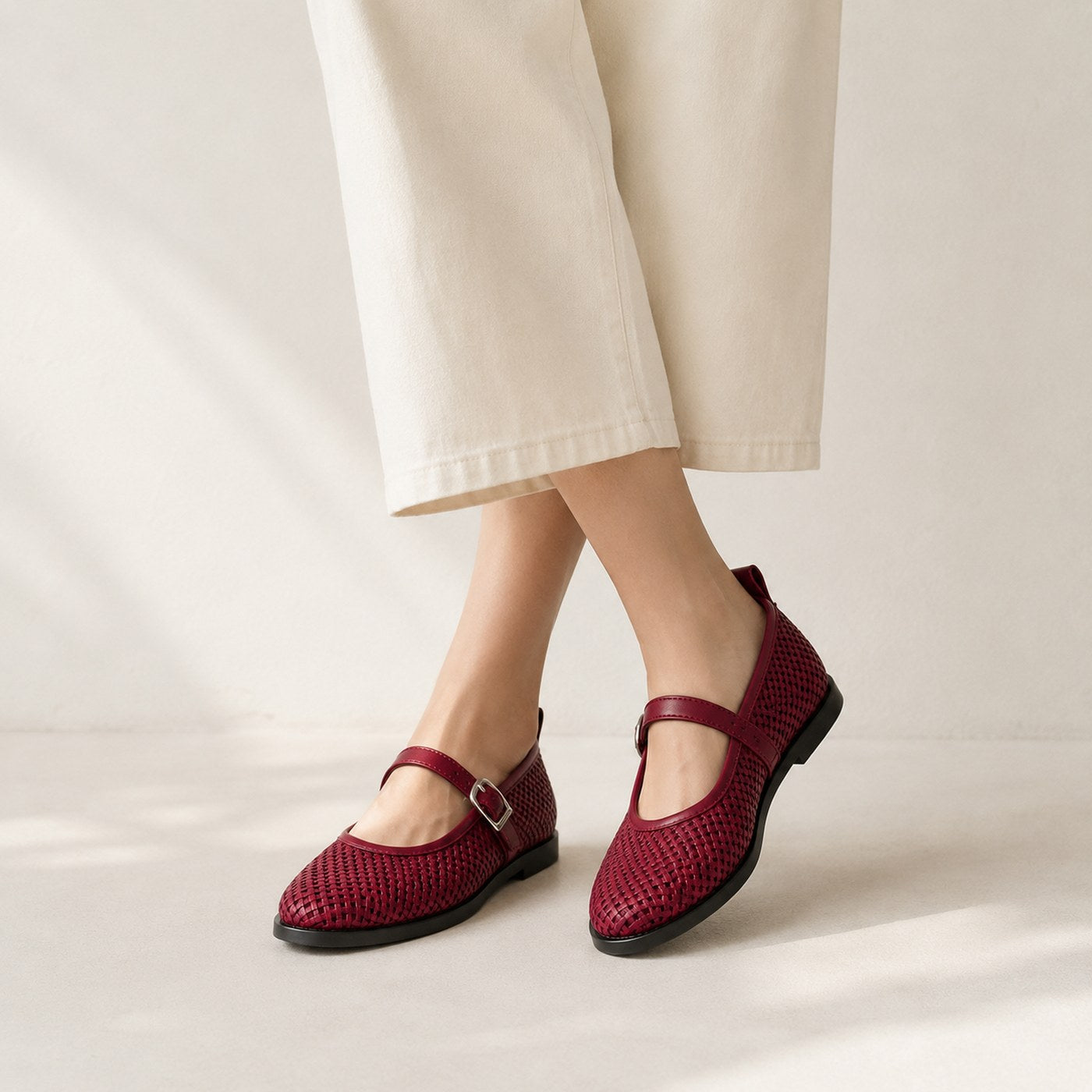 Women’s Woven Mary Jane Flats – Buckle Strap Casual Shoes