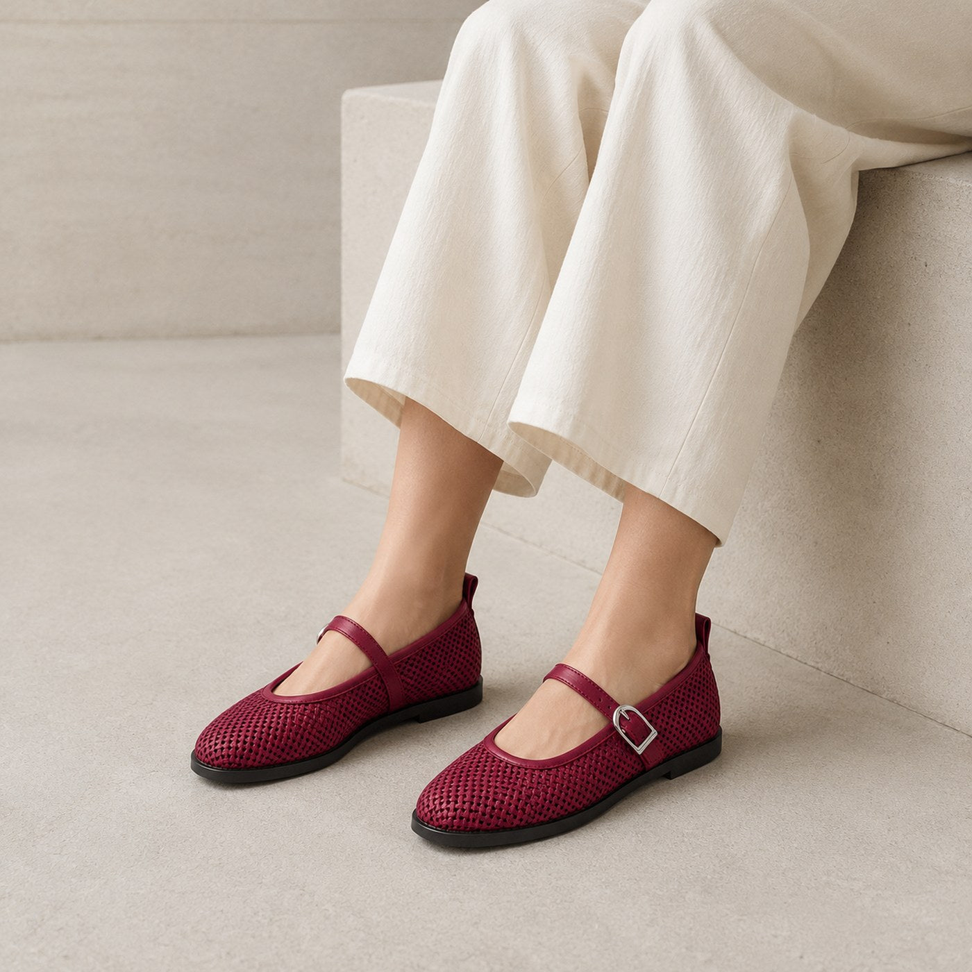 Women’s Woven Mary Jane Flats – Buckle Strap Casual Shoes